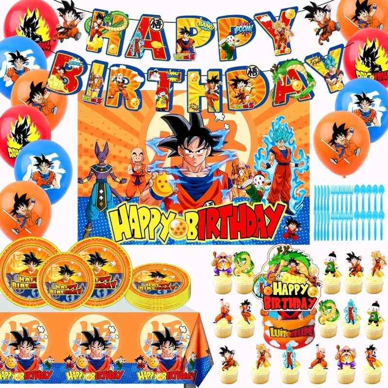 Zestaw dekoracji na przyjęcie urodzinowe w stylu anime Dragon Ball: obrus, talerze, sztućce, baner, topper na tort, flaga do zawieszenia, zestaw balonów.