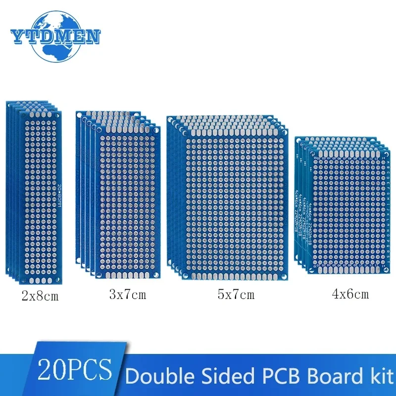 Kit de prototype de carte PCB 20 pièces/ensemble, circuits imprimés universels Double face bleus 2x8 3x7 4x6 5x7cm, Kit de bricolage