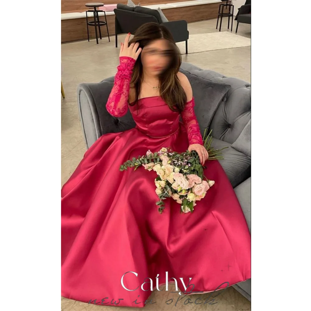 

Cathy Wine Red Off Shoulder A-line Evening Dress Lace Detachable Sleeves فستان حفلات الزفاف Pleated Satin robes de soirée