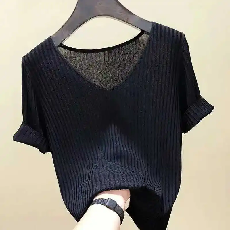 

Slim Fit Ice Silk V Neck Knitted Short Sleeve T Shirt Women's Base Shirt Trendy Top Summer New Style Korean Style Half Sleeve