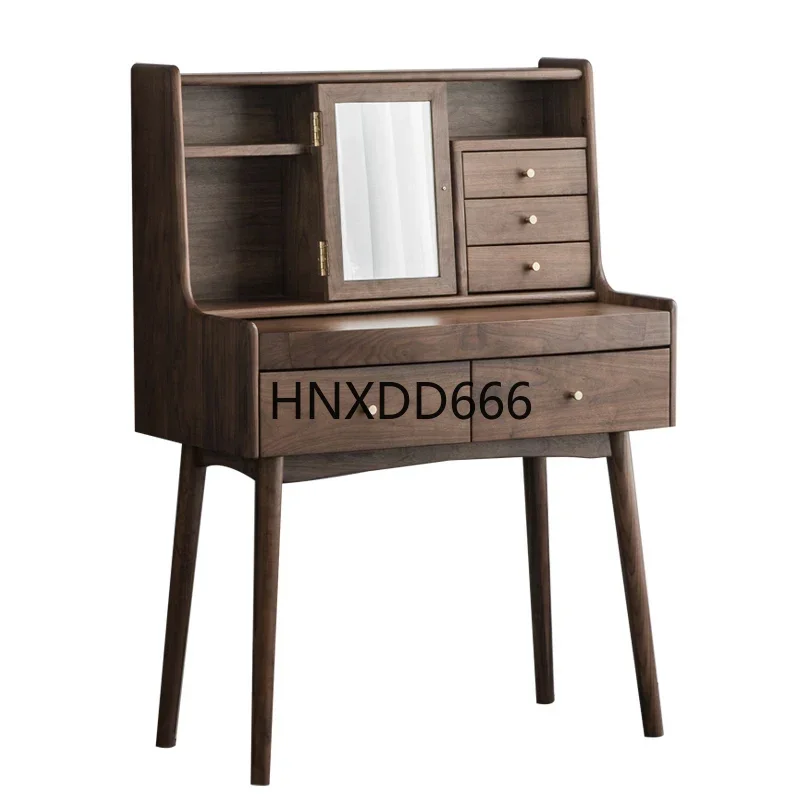 

Nordic Solid Wood Flip Mirror Dresser Simple Black Walnut Multifunctional Writing Makeup Table