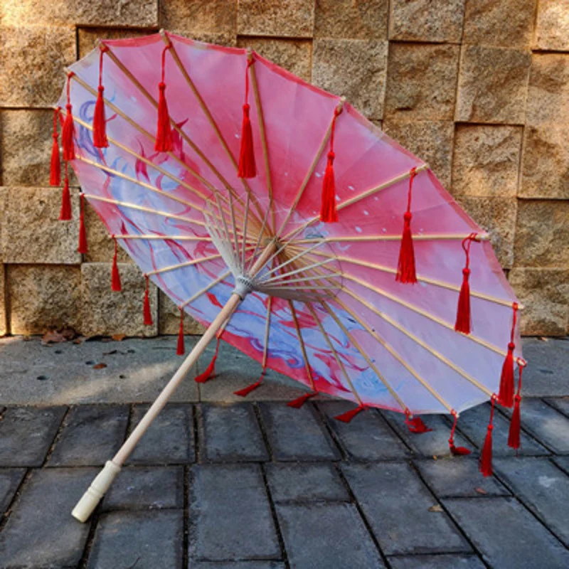 Cosplay Dance Car Umbrella Shade Hanfu Oil Paper Umbrella Silk Cloth Umbrella Cheongsam Photo Show Parasol Tassels Paraguas