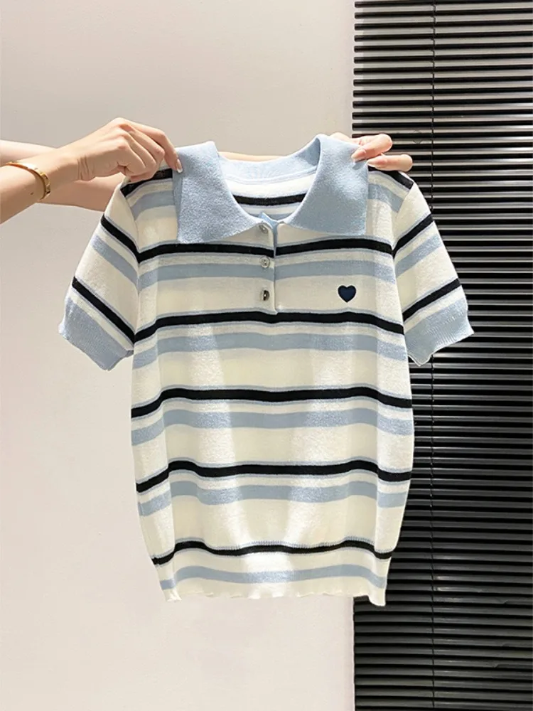 

Korean Style Commute Stripe Collar Knitted Shirt Women Summer New Color Block Stitching Slim Short Sleeve Top Breathable Skin...