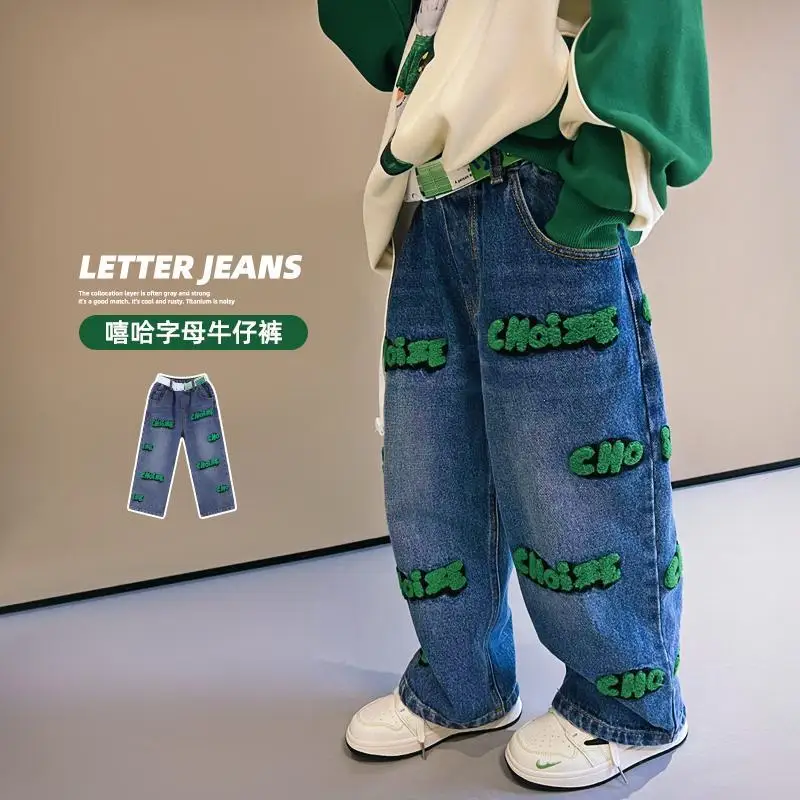 Boys' Pants 2022 Autumn Jeans Children's Towel Embroidery Letters Washed Straight-Leg Pants