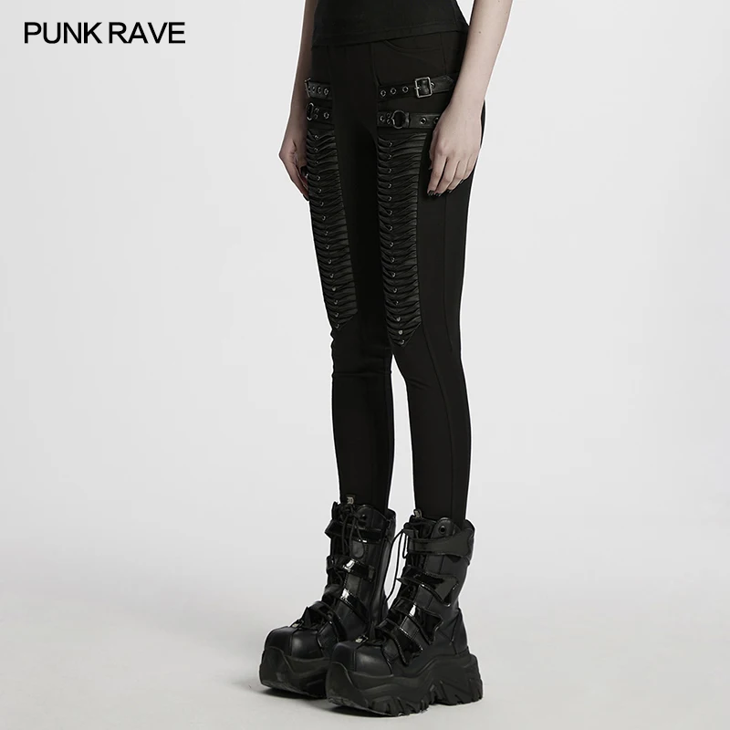 PUNK RAVE Women's Punk Adjustable Double Loop Straps 3D Pleated Leggings Personality Handsome Pants Streetwear