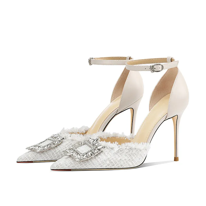 

Yuejinlong Sexy Cream White High Heels Rhinestone Pointed Toe Stiletto Sandals Elegant Ankle Strap Party Office Pumps New 2026