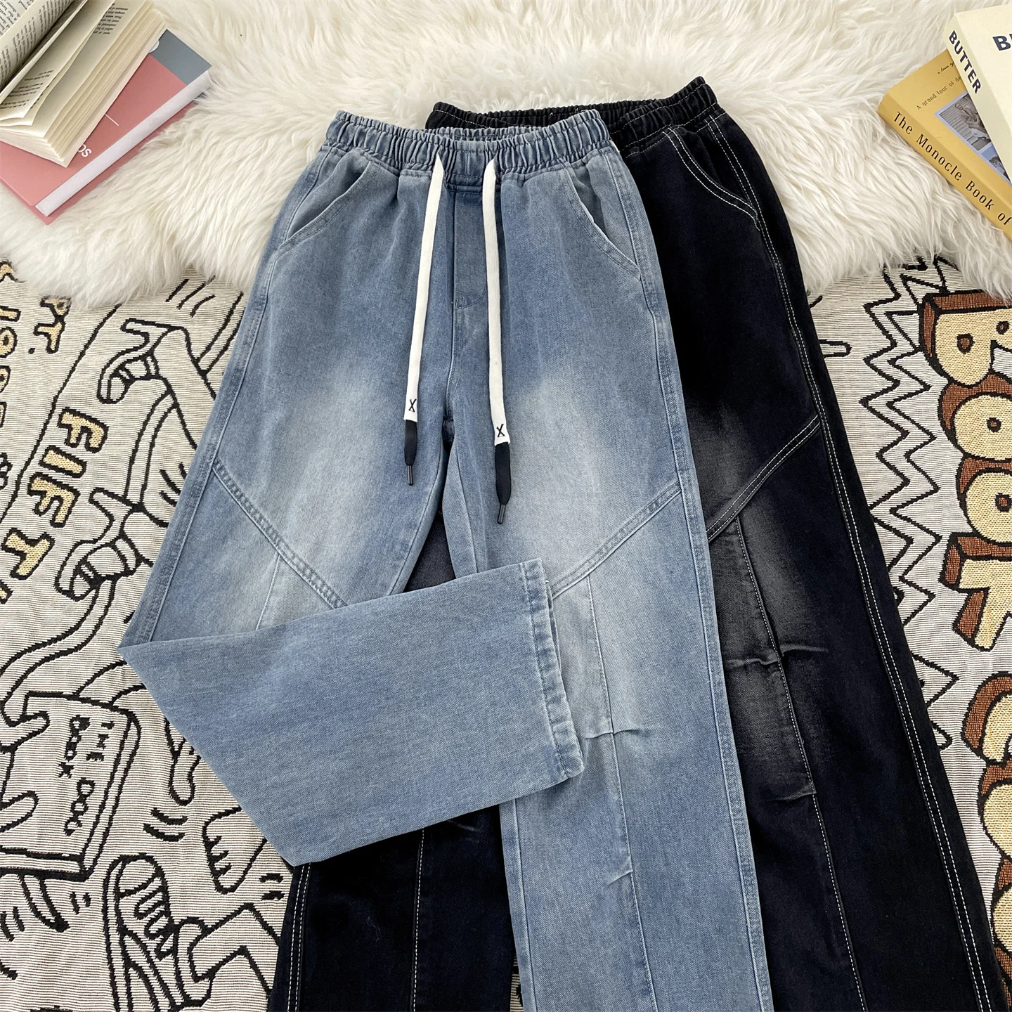 

American High Street Loose Fit Dstring Jeans for Men Youthful Splicing Waed Outdated Wide Leg Teenagers Long Pants