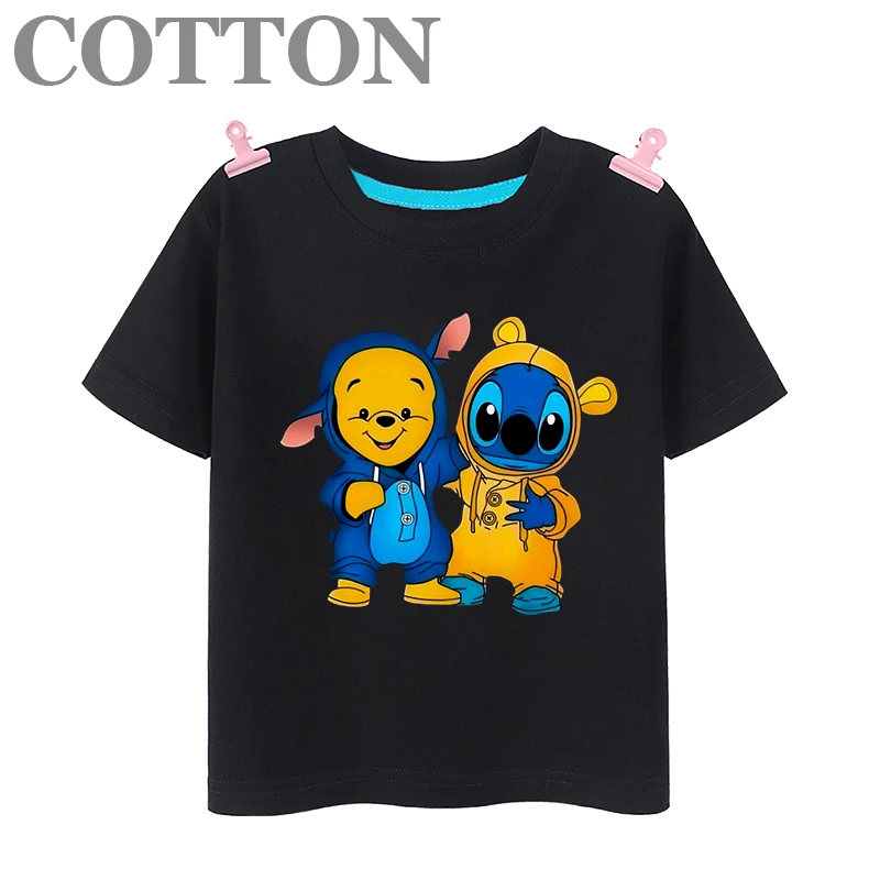 Disney Stitch and Friends Anime Summer Fashion Cotton Children\'s T-shirt Multiple Round Neck Short Sleeve Print Patterns