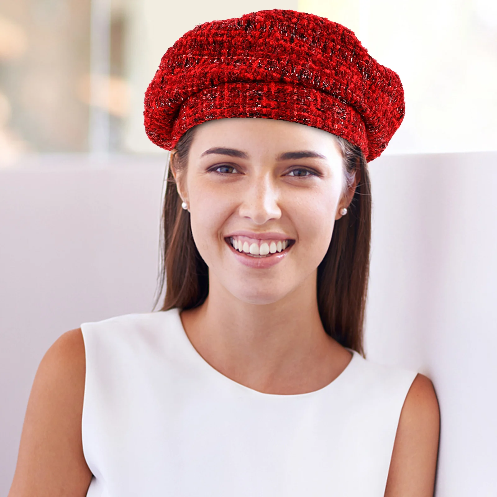 قبعة بيريه كلاسيكية منقوشة متقلب متلألئ متماسكة شتاء دافئ عيد الميلاد أغطية الرأس عطلة الإكسسوارات للنساء #5