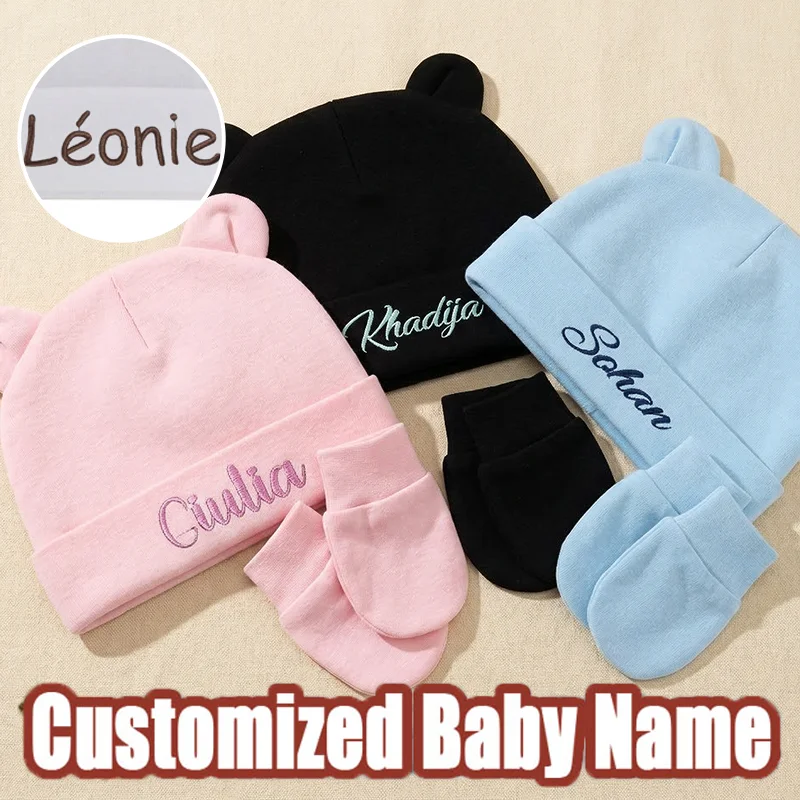

Custom Baby First Name Beanie Set Newborn Cotton Hat with Gloves Personalized Baby Shower Gift for Newborns