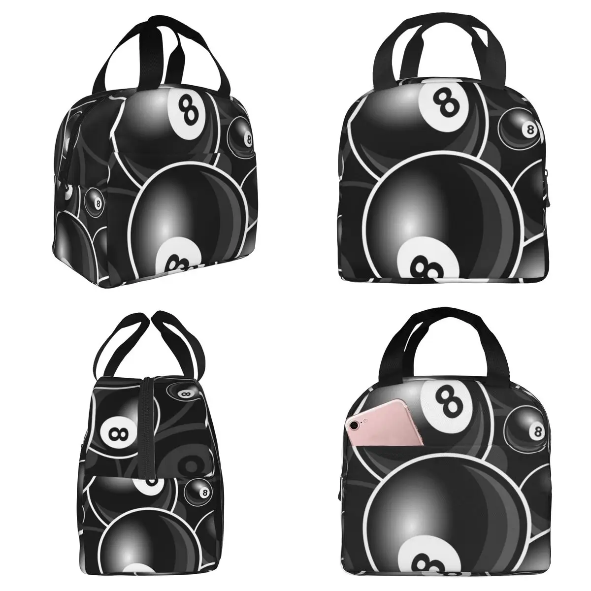 

Черно-белая термоизолированная сумка для обедов с изображением бильярдной шары №8 для детей, школьная сумка-холодильник, портативная термосумка для еды