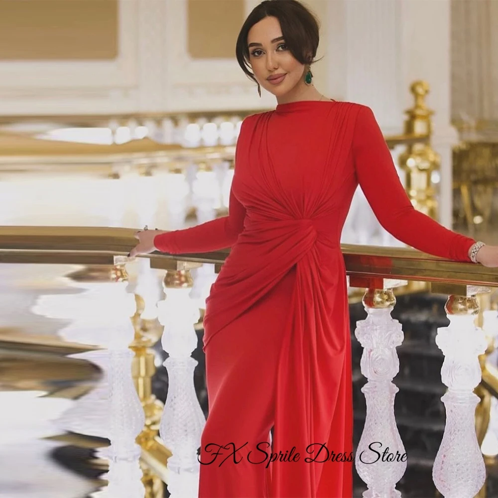 Customized  Formal and Classic Mermaid Long Sleeves O-Neck Evening Dress Red Jersey Court Train Pleats Zipper Back Cele