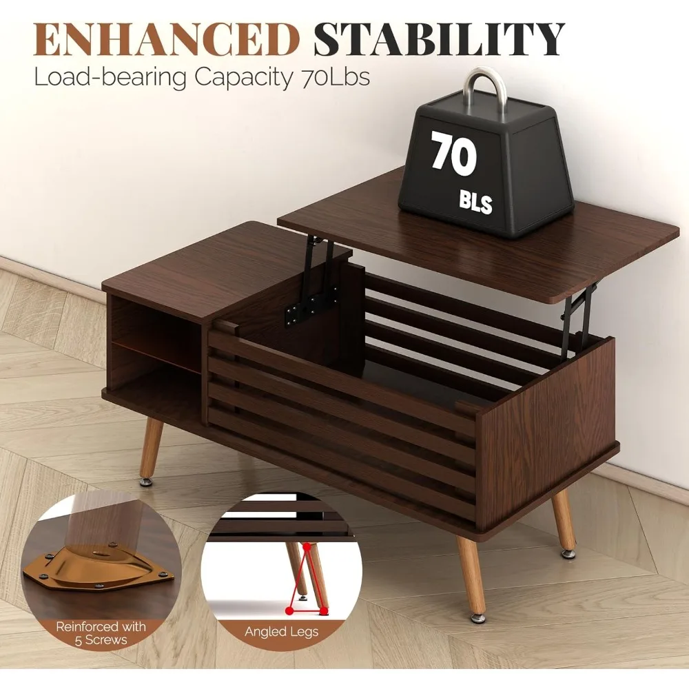 Mid Century Modern Lift Top Coffee Table with Storage, Wooden Tabletop Dining Table