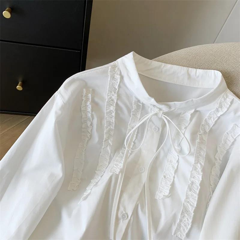 Женская белая рубашка с завязками в виде банта, кружевной дизайн Y2k, элегантная французская офисная девушка, база 2000-х годов, модная осенне-зимняя рубашка с длинными рукавами