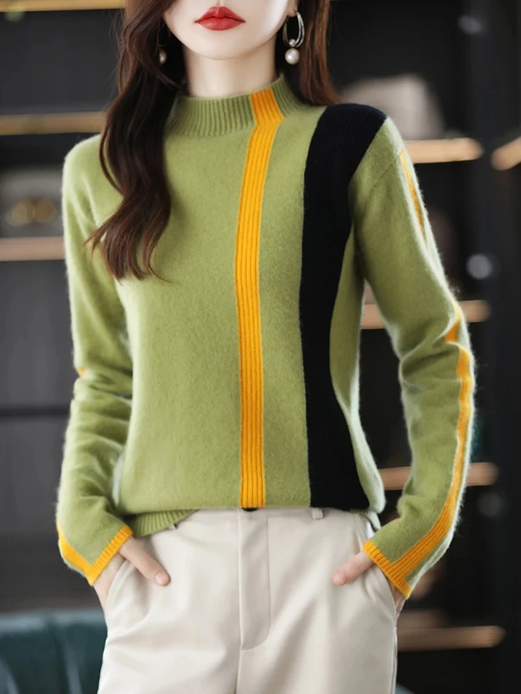 

2024 Autumn And Winter New Women's Half Turtleneck Vertical Stripes Colorblock Knitted Pullover 100% Merino Wool Sweater Casual