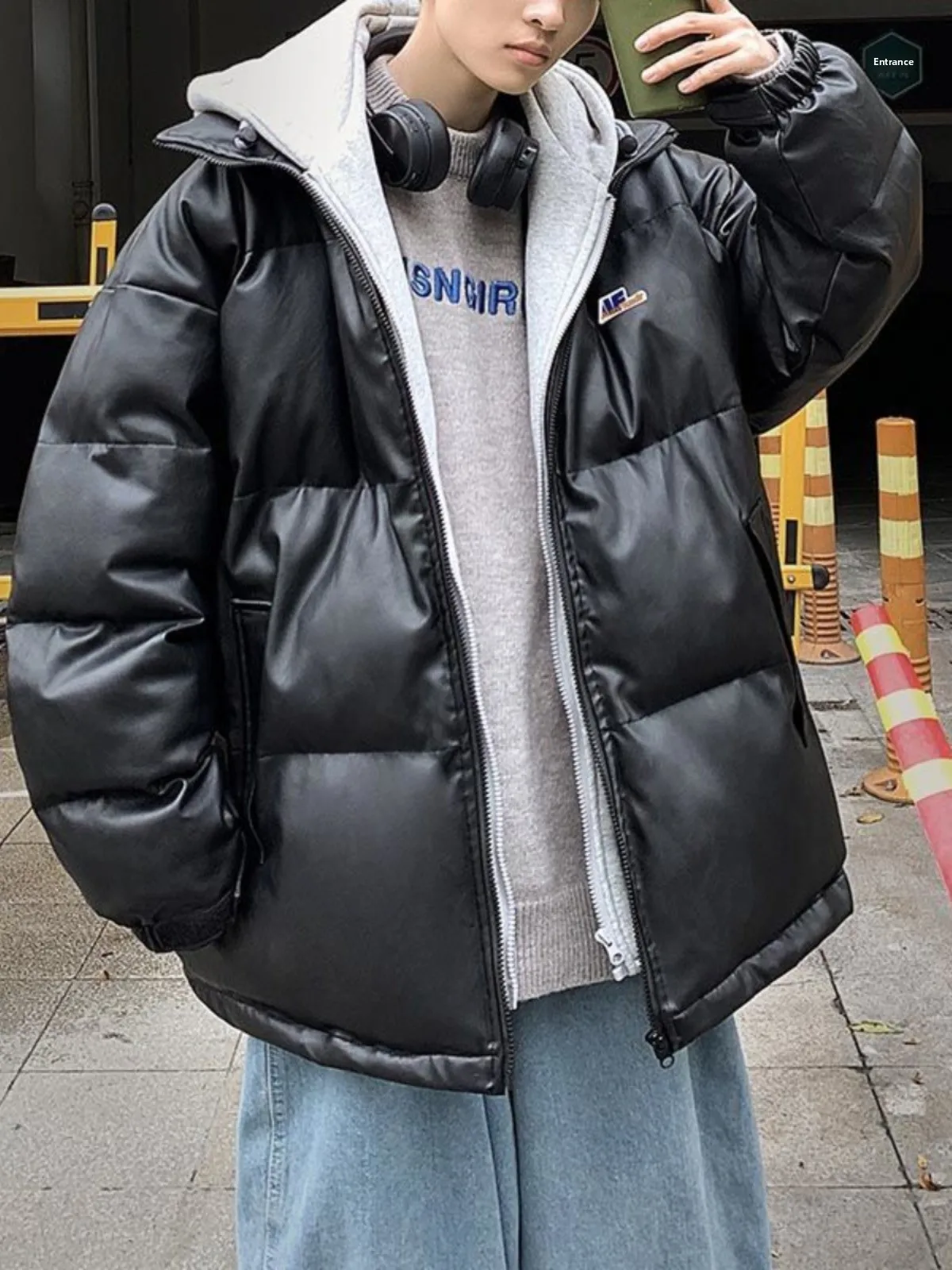 طقم جايت قطني من جلد البولي يوريثان رائع للرجال شتوي معطف الخبز ثينيد ستيل مناسب بغطاء للرأس بألوان متباينة #3