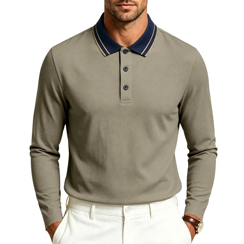 Casual Collar T-shirt Pique Knit Long Sleeve Solid Color with Contrast Collar and Three Button Placket in Olive