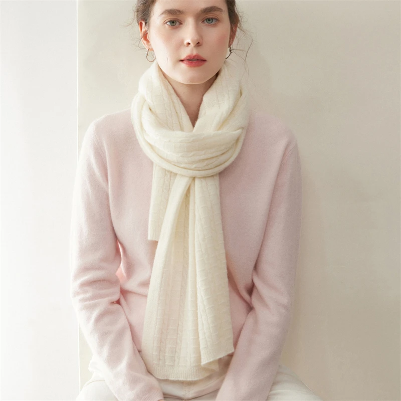 وشاح دانتيل مخطط محبوك بلون سادة - وصول جديد دافئ وعصري لخريف/شتاء، كشمير ممتاز 100%