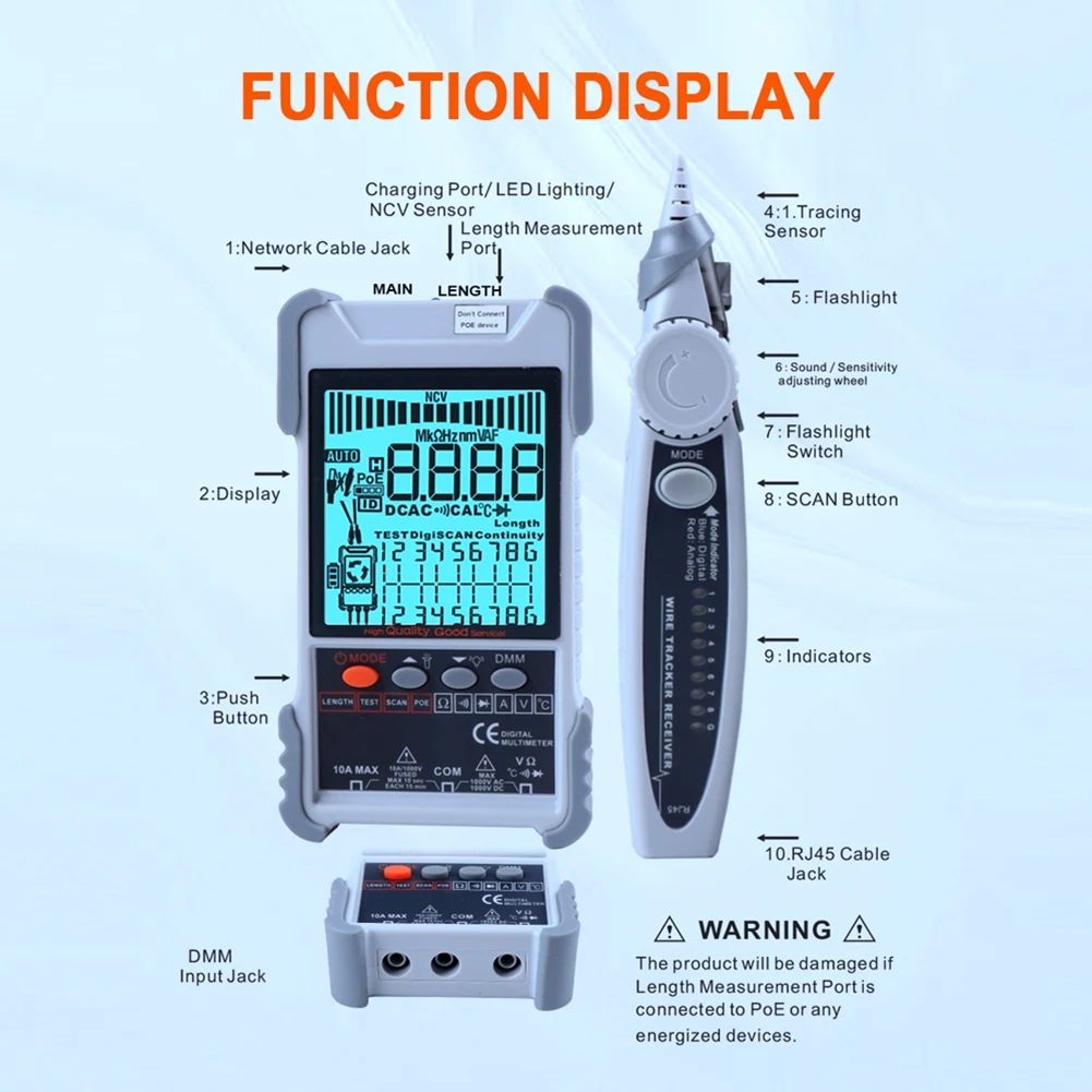 ET618 Network Cable Tester with LCD Display Analogs Digital Search POE Test Cable Wiremap Tester ID Mapping Tool(A)