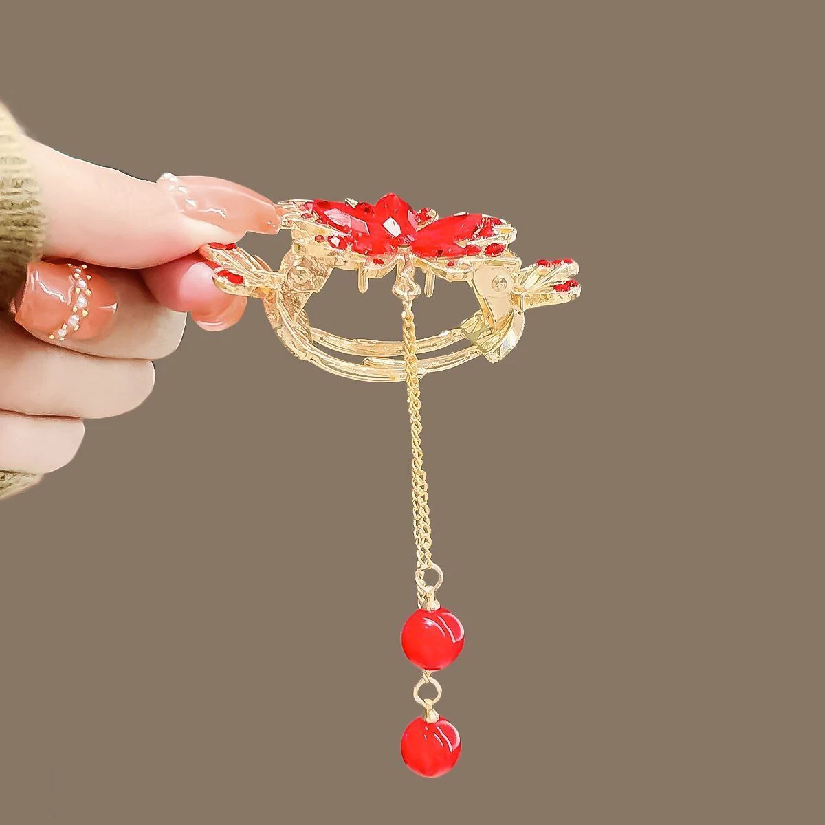 Red Maple Leaf Tassels Crystal Hair Claw Clip Vintage Hanfu Chinese Style Rhinestone Hairpin Ponytail Crab Grip Hair Accessories