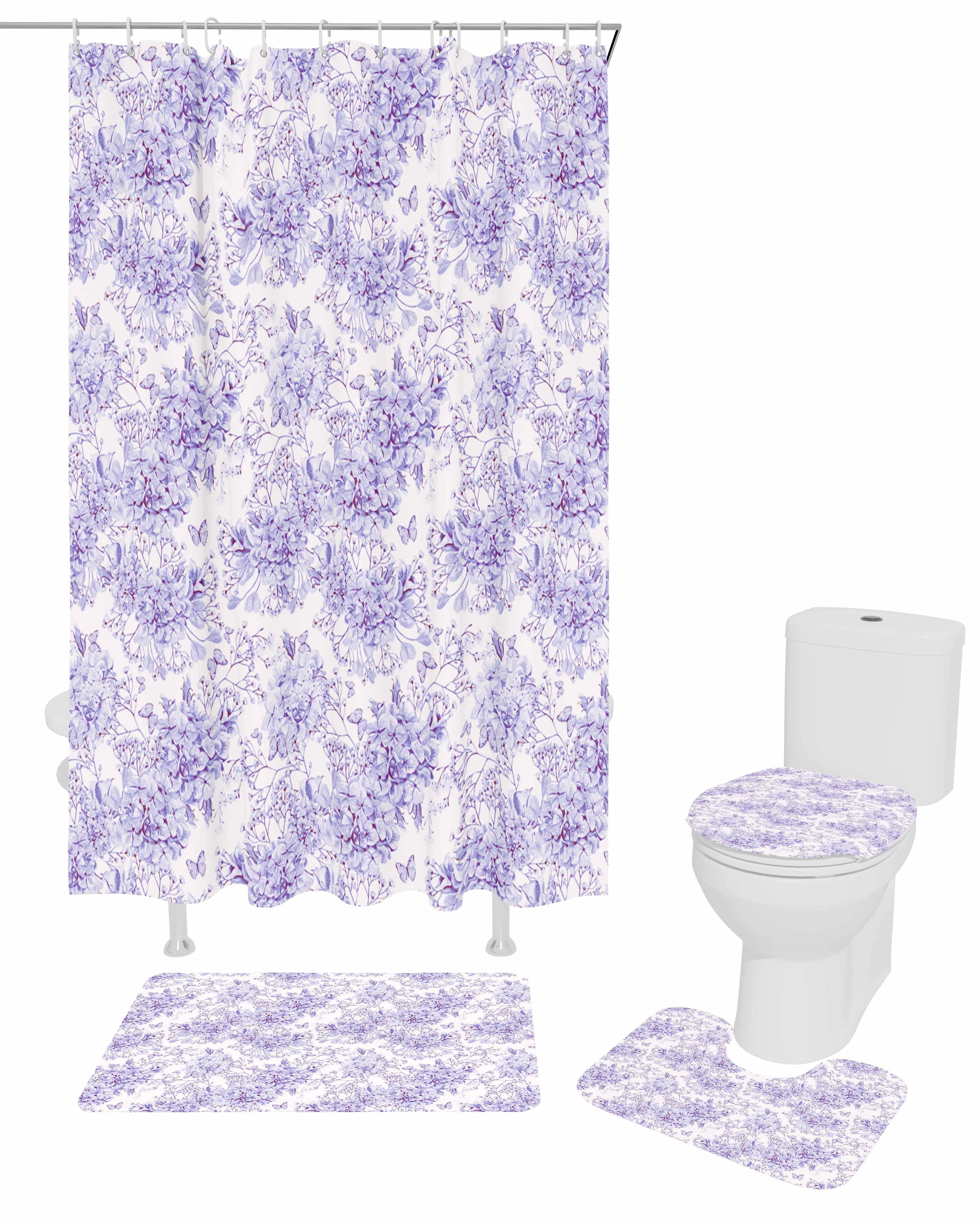 Spring Flower Hydrangea Shower Curtain Set Non-Slip Rugs Bath Mat Toilet Lid Cover Waterproof Bathroom Curtain