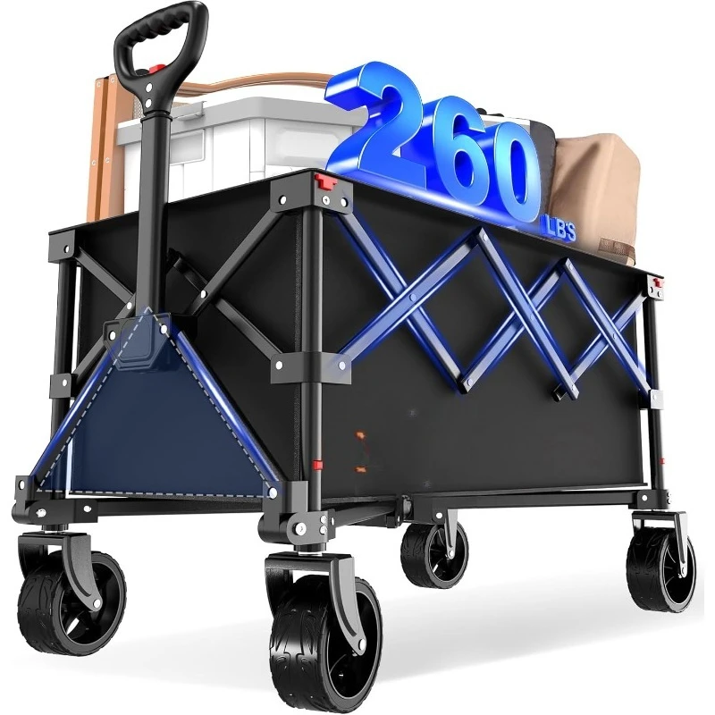 

Folding Wagon, Outdoor Utility Grocery Large Wagon Cart Heavy Duty Foldable with Silent Universal Wheels, Adjustable