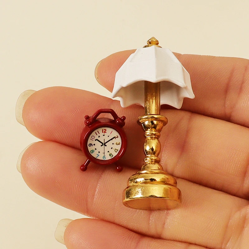 2Pcs 1:12 Dollhouse Miniature French Desk Lamp Lights Alarm Clock Mini Bedside Lamp Bedroom Living Room Home Furniture Model Toy