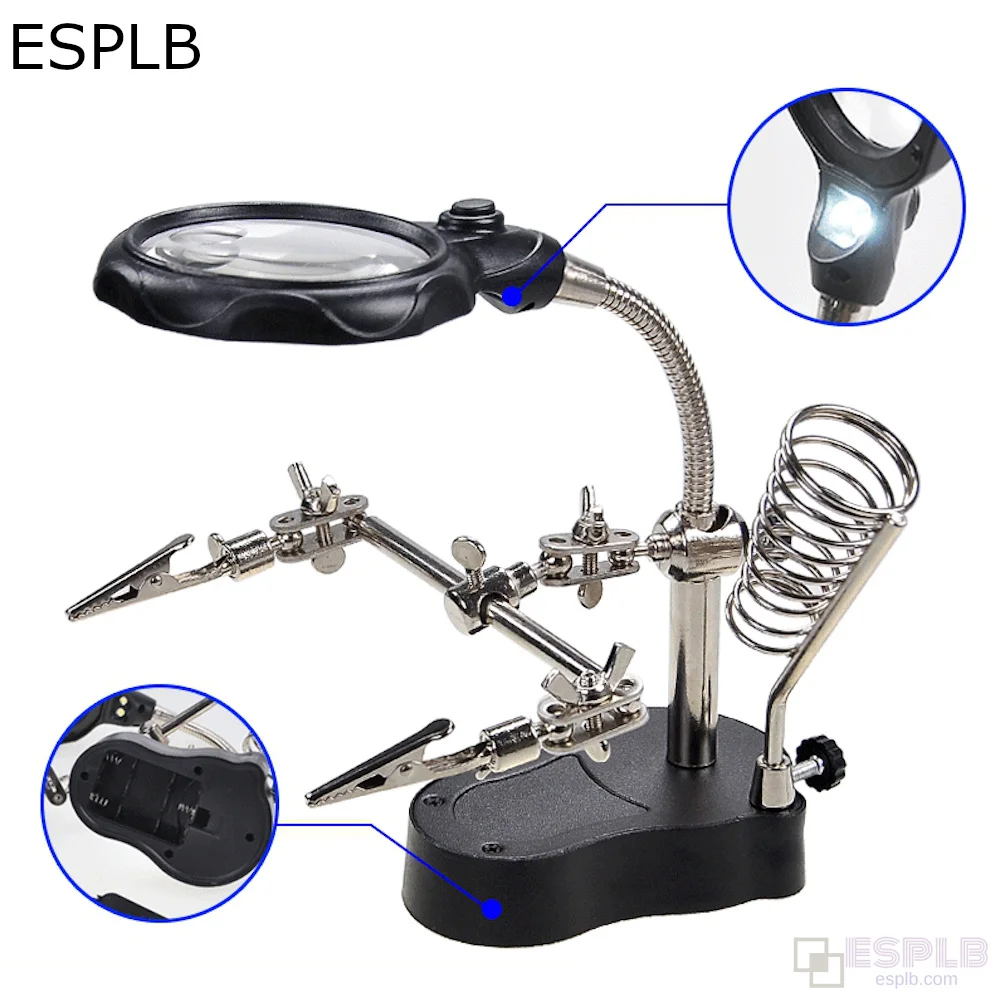 ESPLB 3.5X 12X Helping Hands Third Hand Soldering Iron Welding Stand Station with 2 LED Clip Welding Magnifier Magnifying Glass