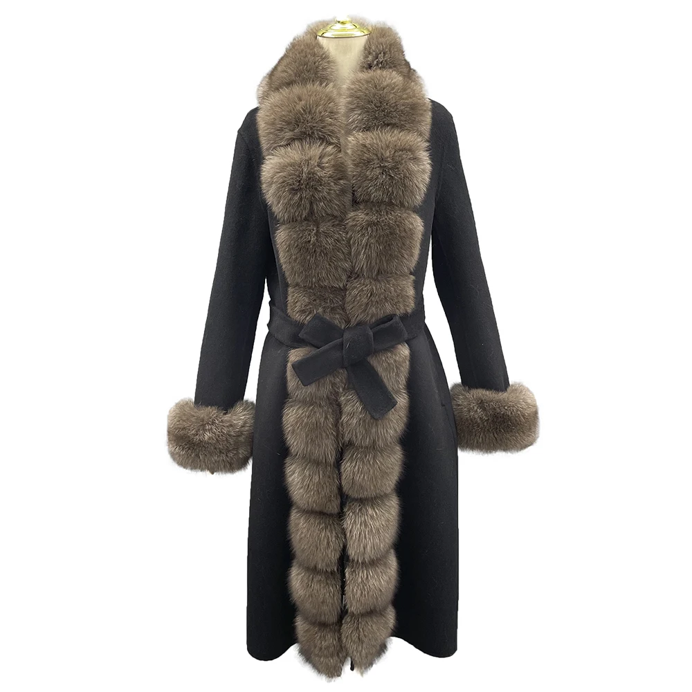 JANEFUR Winter Long Cashmere Coat with Real Fox Fur Trim 2023 New Fashion Luxury Belted Natural Fur Wool Coat