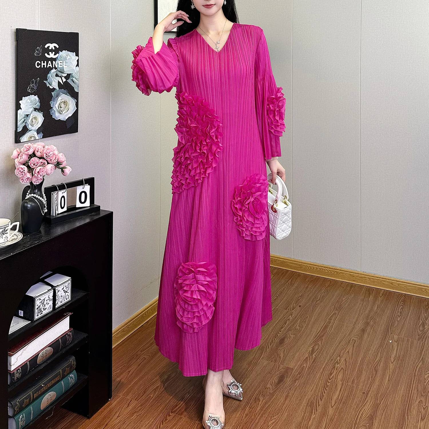 Vestido F Plus Size Estilo Urbano Solto com Mangas Largas e Saia em A de Cintura Alta para Outono