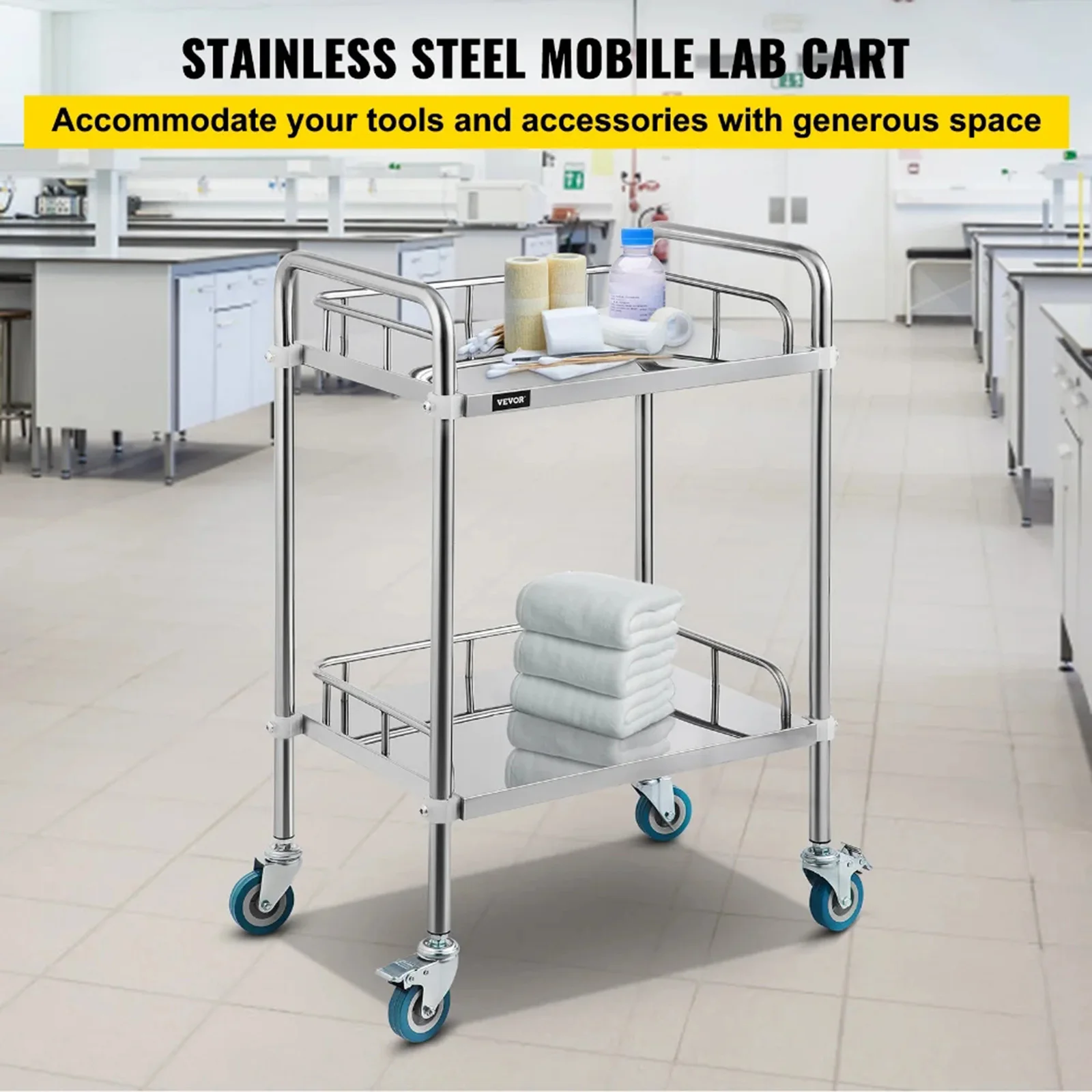 Stainless Steel 2 Layer Trolley Rolling Cart with Lockable with 360° Silent Wheels Utility Cart for Kitchen Salon