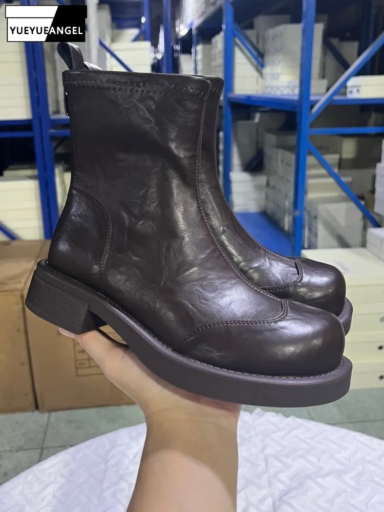 Autumn Winter Womens Genuine Leather Ankle Length Boots Solid Color Sheepskin Casual Boots Female Round Toe Block Heels Footwear