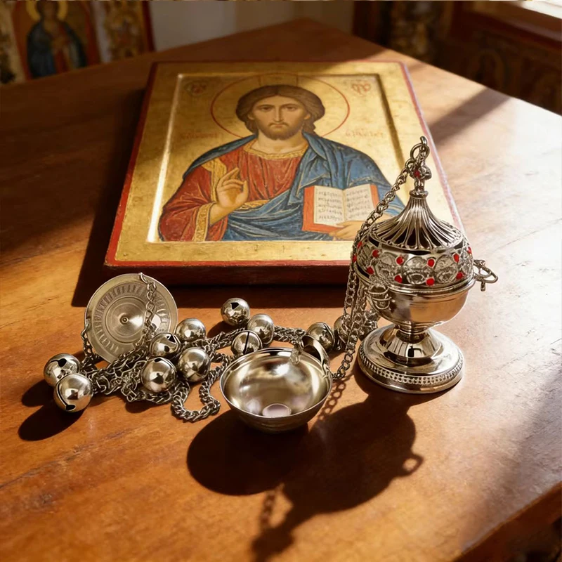 New Vintage Silver Plated Orthodox Censer with Red Gems and Chain for Church Liturgy Home Altar Prayer Devotion Christian Gift