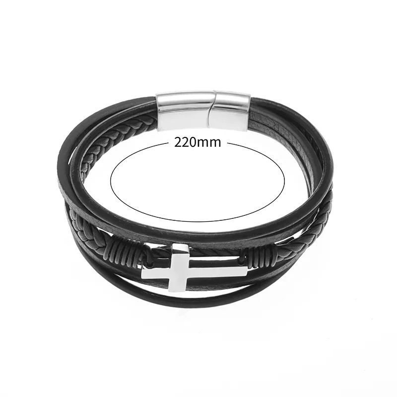 Stylish Braided Multi-Layered Leather Cross Bracelet for Men Fashion Magnetic Bracelet Casual Amulet Accessory