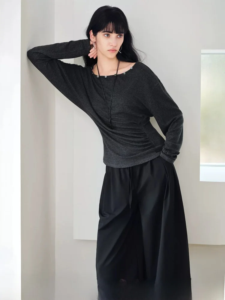 

Slim Fit T-irt Women's Batwing Sve One-oulder Waist-Cinching Top Commute Sle Long Sve Rigid Fiber Casual Wear