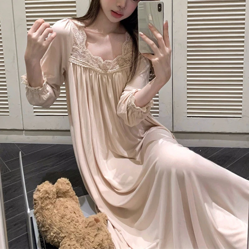 

Новая летняя свободная ночная сорочка из модала с длинными рукавами, сексуальная женская ночная рубашка 2026 года с кружевной отделкой и квадратным вырезом, в стиле принцессы