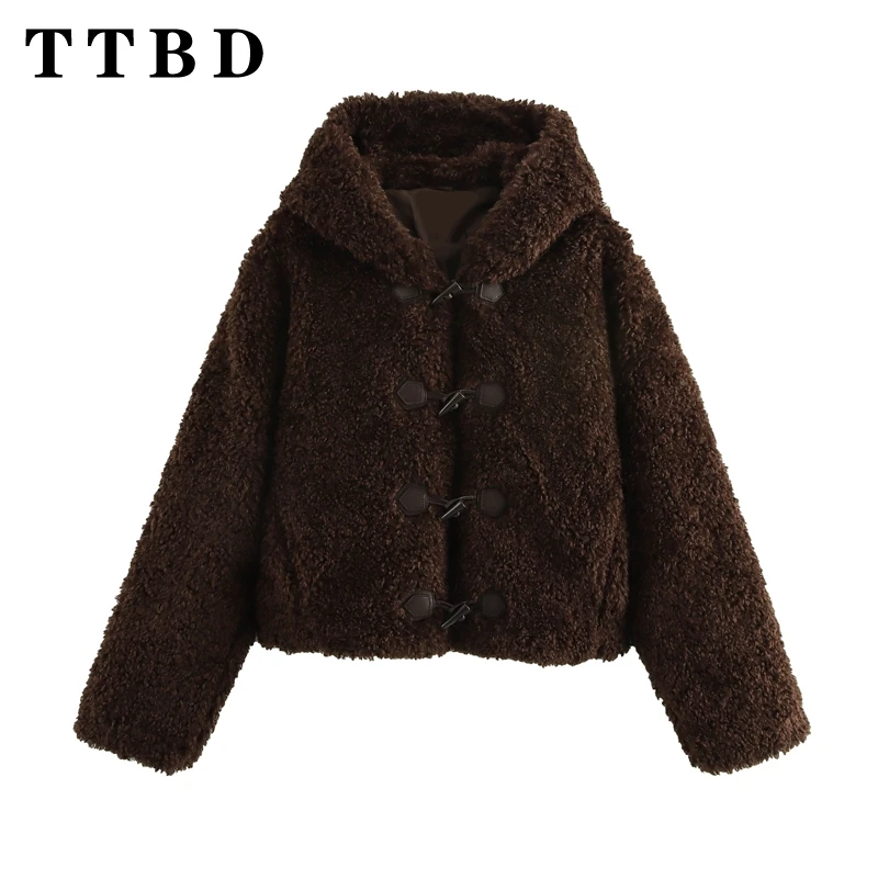 TTBD 2024 New Autumn Woman's Casual Single-breasted Fleece Solid Color Jacket Female Vintage Hooded Collar Long Sleeve Top Coat