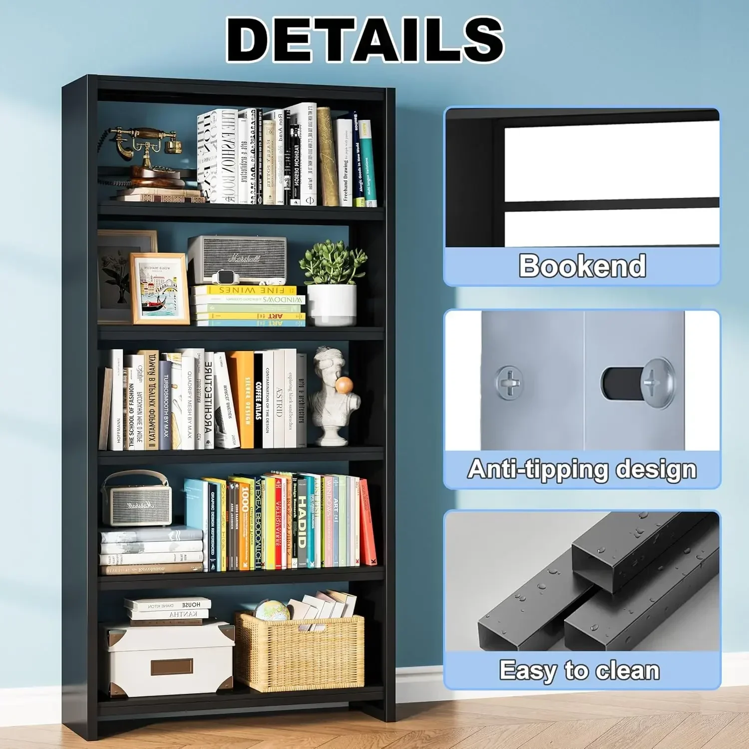 5 Tier Metal Bookshelf, Black 69