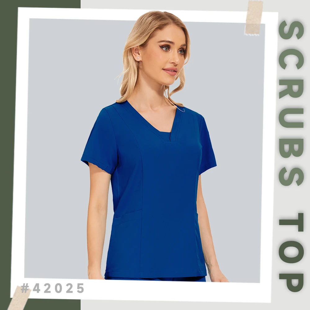 Pockets Work T-shirt Nurse Uniform Scrubs Top Women Medical Nursing Blouse Dental Clinical Clothes Beauty Salon Workwear