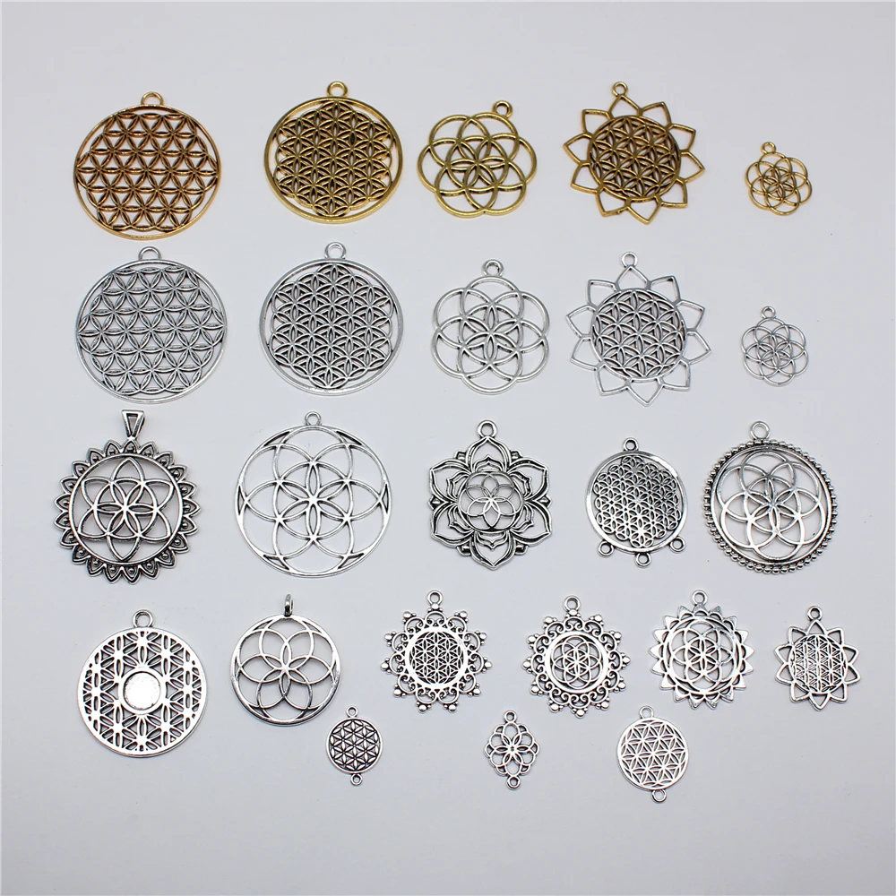 10pcs The Flower Of Life The Seed Of Life Charms Tibetan Silver Color Pendants Antique Jewelry Making DIY Handmade Craft