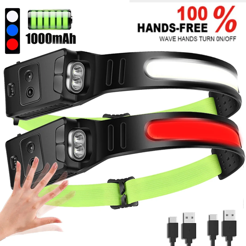 

Rechargeable LED Induction Headlamp With Blue or Yellow Light Head Lamp Built-in Battery Outdoor Camping Fishing Head Flashlight