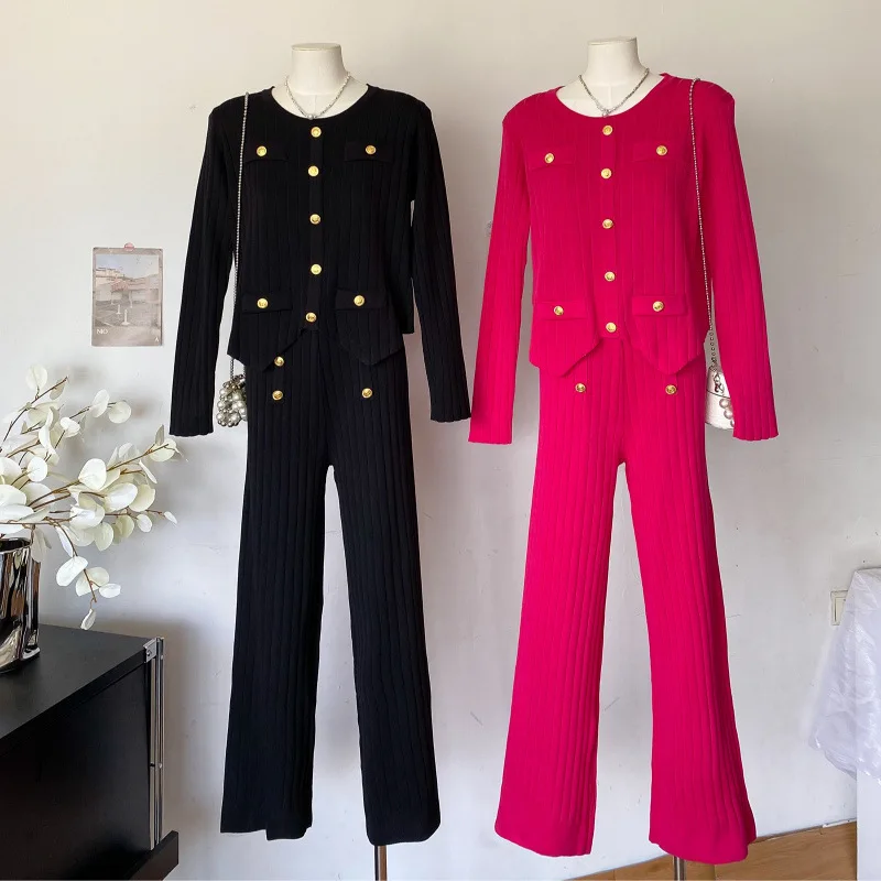 

Модные зимние костюмы OL, женские шикарные пуловеры с длинными рукавами и пуговицами + эластичные длинные брюки, винтажный свитер, комплекты из двух предметов