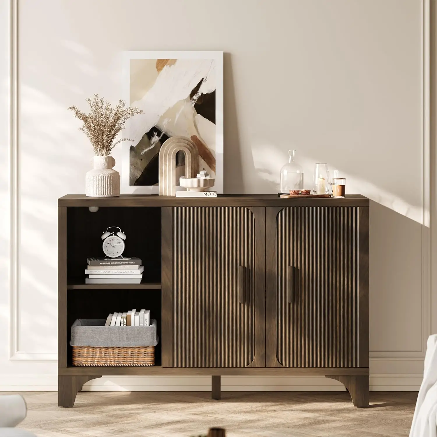 Fluted Buffet Cabinet with Storage, Sideboard & Credenza with Doors, Wood Console, Walnut 47