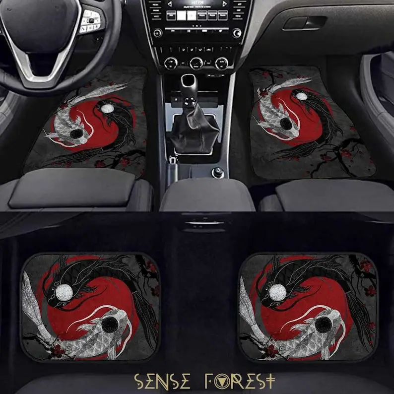 

Japanese Red Sun Car floor Mat set, YinYang Koi Fish car interior decor, Japan art car accessories, Mystical Cute car mats
