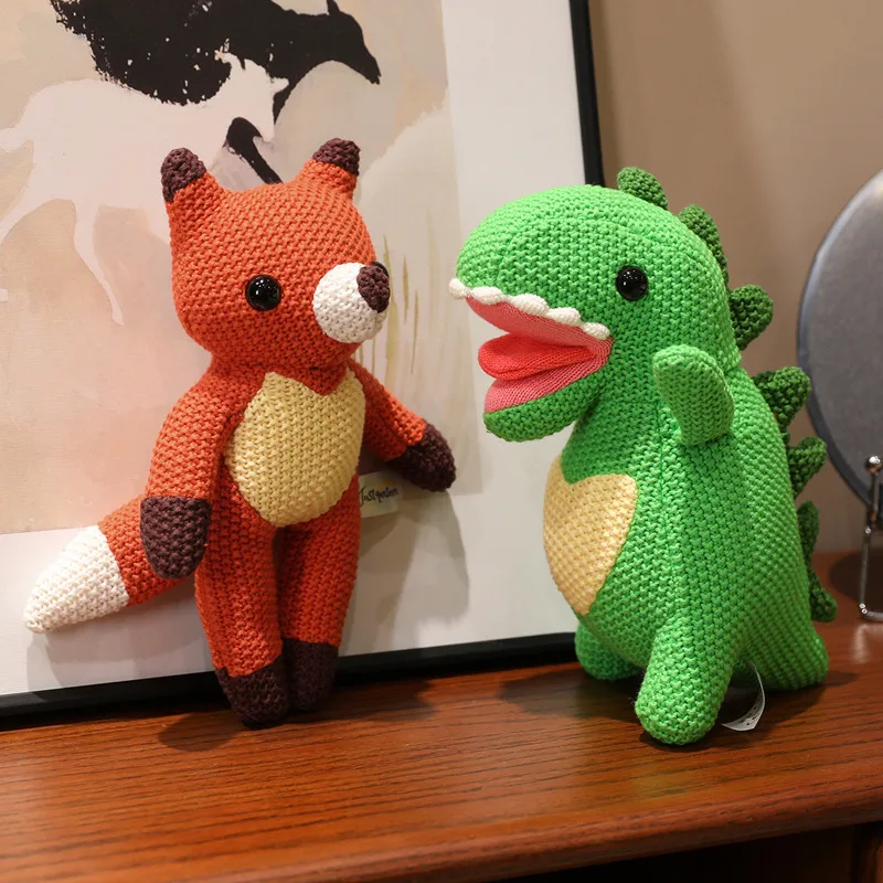 Cute Knitted Cartoon Animal Toy Stuffed Cow Cattle Fox Dinosaur Whale Shark Sitting Standing Small Appeasing Gift
