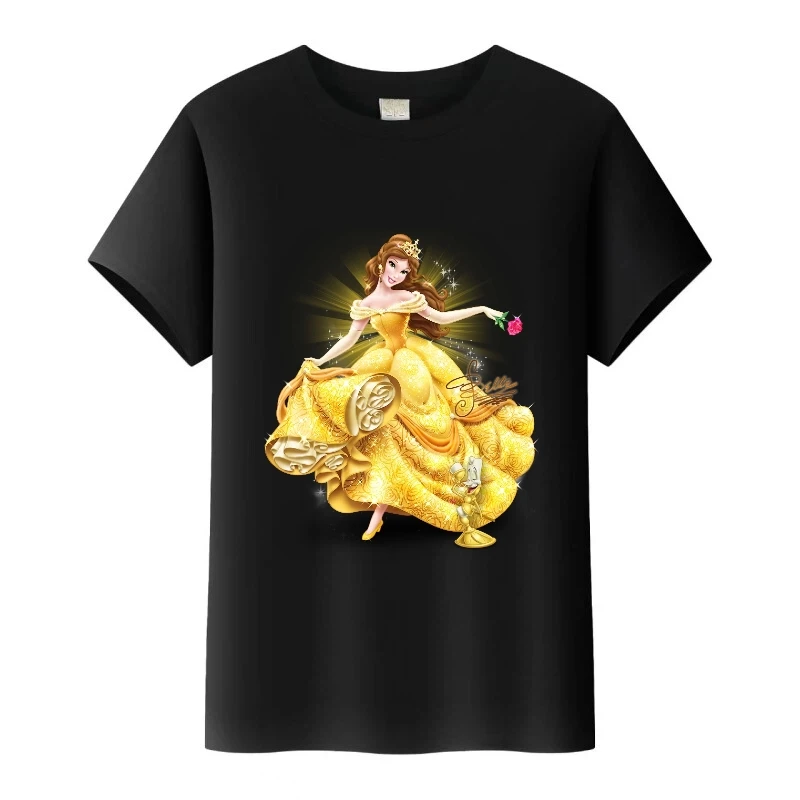 

Kawaii Disney Beauty And The Beast Belle Princess Print Girls Tees 90s Women T-Shirt O-Neck Tshirt Summer Tops Oversized Clothes