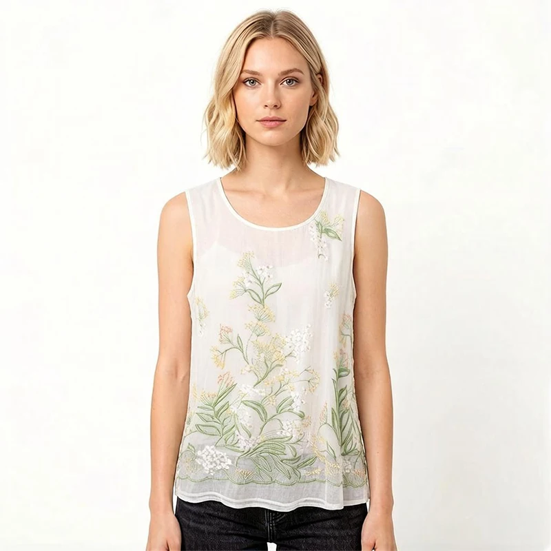 

Women Silk Tank Top 100% Mulberry Silk White Floral Embroidery O Neck Vest Sleeveless 2026 Summer Beach M1542