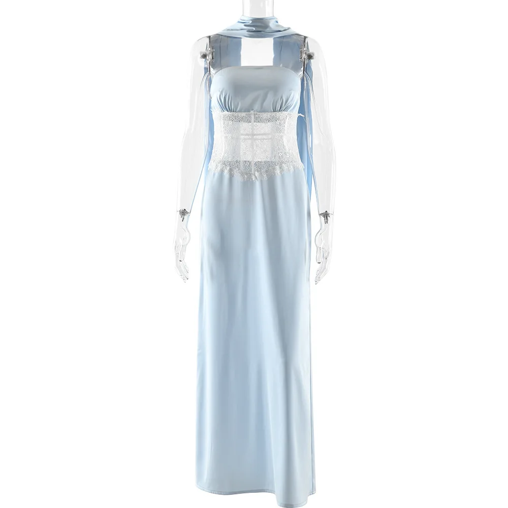 Abito lungo da donna con ritaglio e giunture in pizzo, abito lungo aderente senza maniche con scollo quadrato e corsetto trasparente