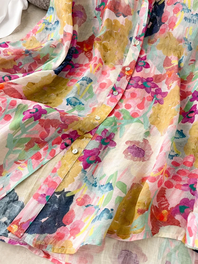 

Casual Loose Long Sve Cotton Linen irt Women's Spring Autumn Vintage Sle Floral Print Button up Ne Top