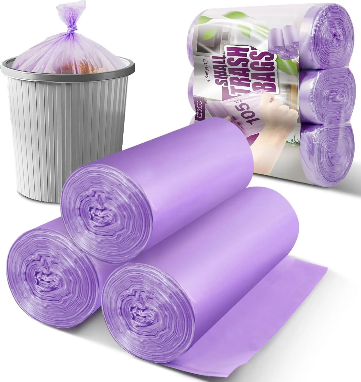 

105 Count 4 Gallon Small Trash Bags, Unscented Bathroom Garbage Bags for Home Office Kitchen, Purple